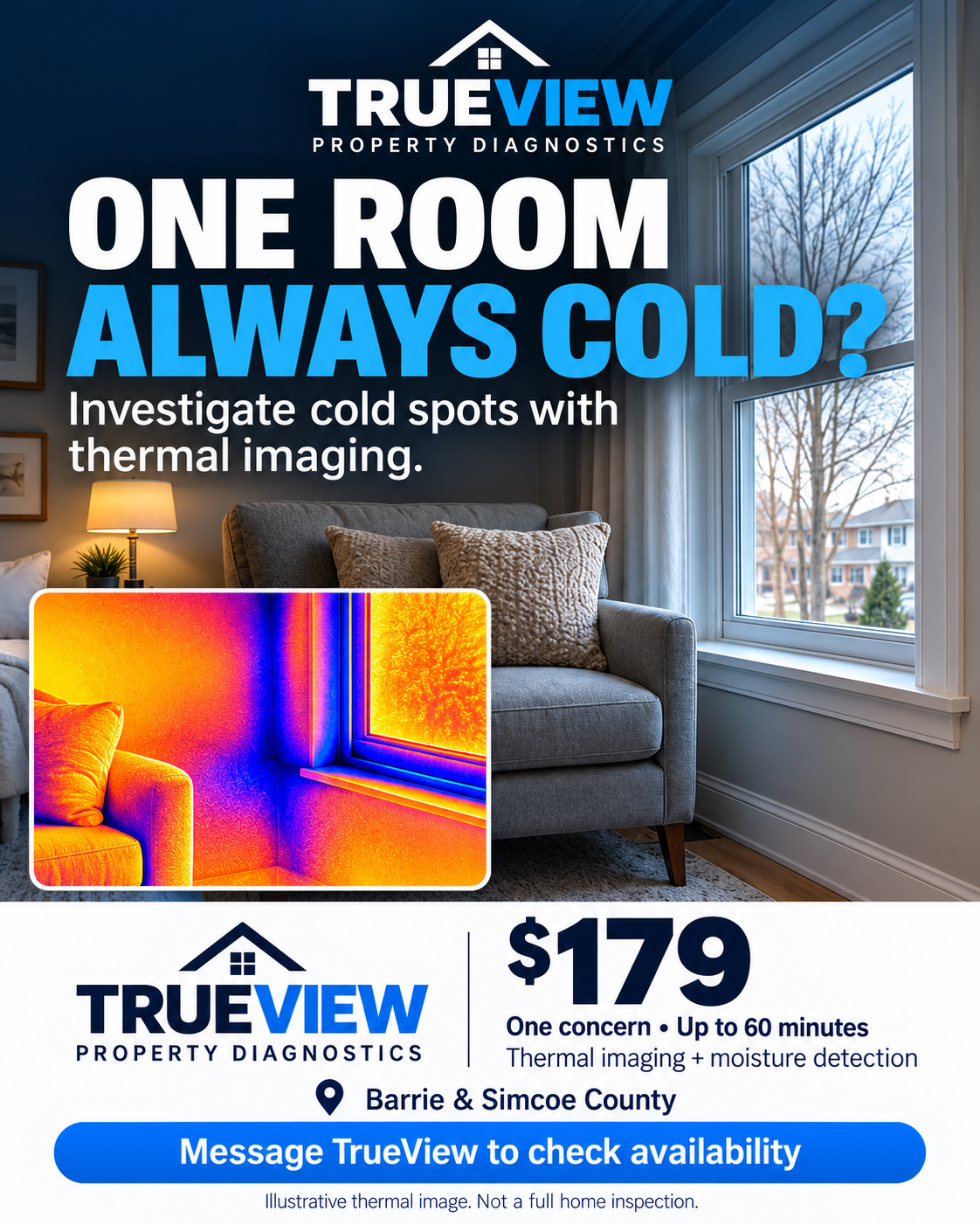 TrueView Property Diagnostics: One room always cold? Investigate cold spots with thermal imaging. $179, one concern, up to 60 minutes. Barrie and Simcoe County. Message TrueView to check availability.
